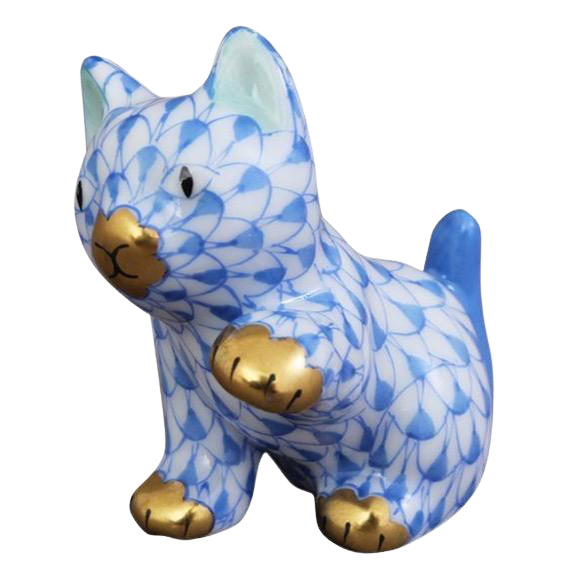 Herend Cat Sitting Small | Blue-collectables-Goviers